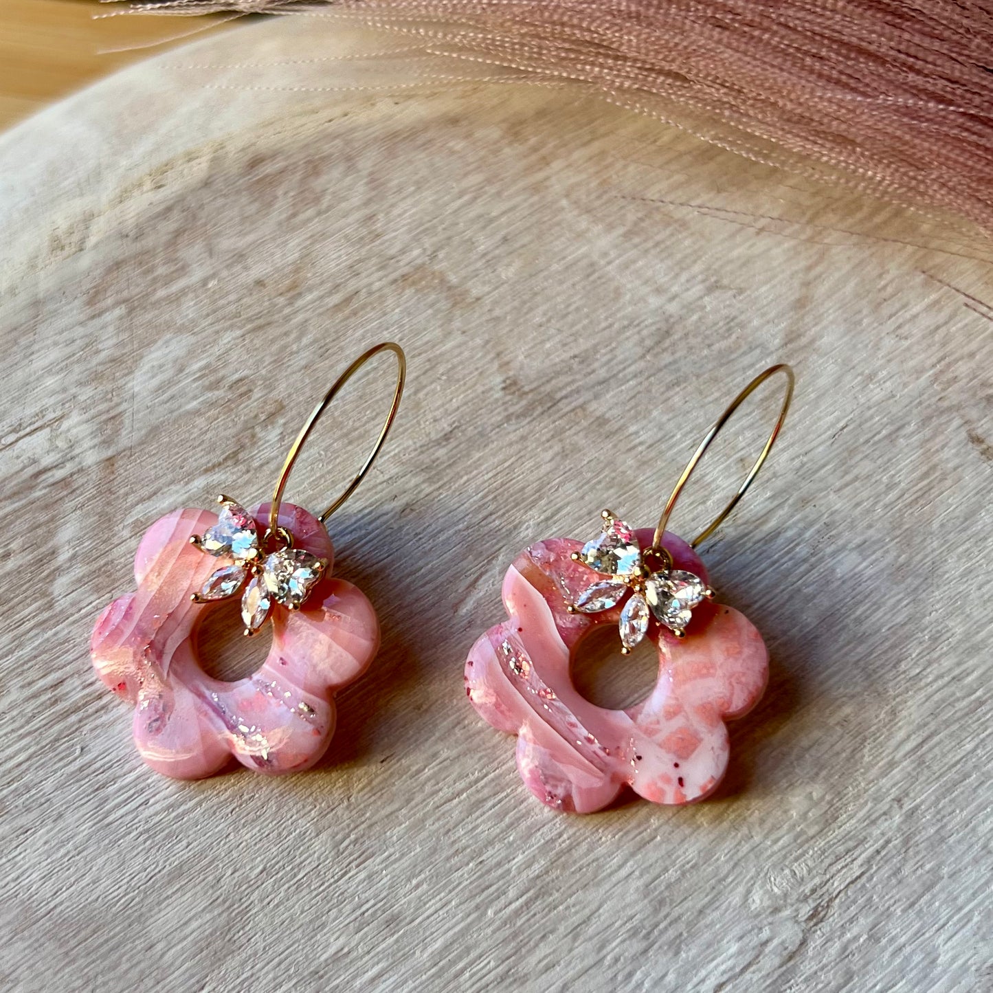 Rose Quartz Retro Flower Inspired Polymer Clay Hoop Earrings
