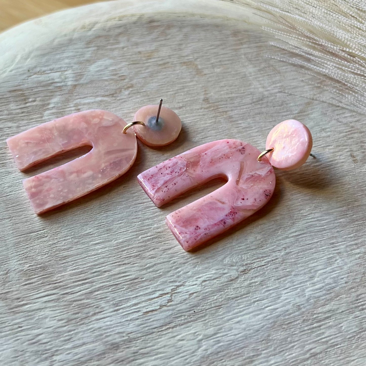 Soft Pink Marbled Organic Arches Polymer Clay Earrings