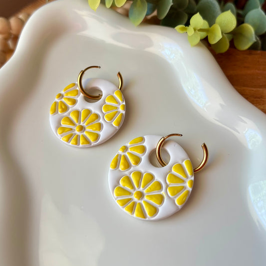 Yellow Painted Petals Polymer Clay Huggie Hoop Earrings