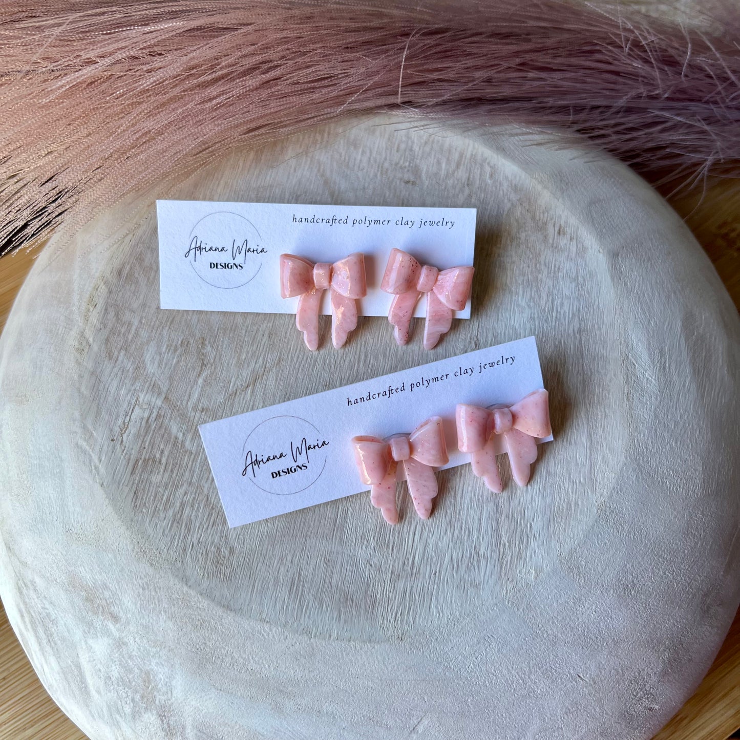 Soft Pink Marbled Bow Polymer Clay Stud Earrings