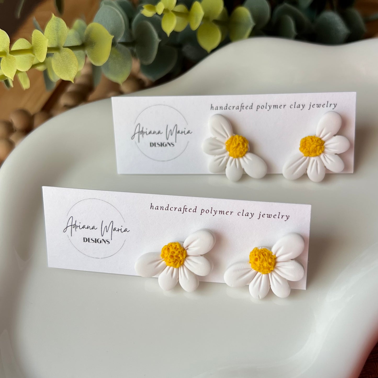 White Half Daisy Polymer Clay Stud Earrings
