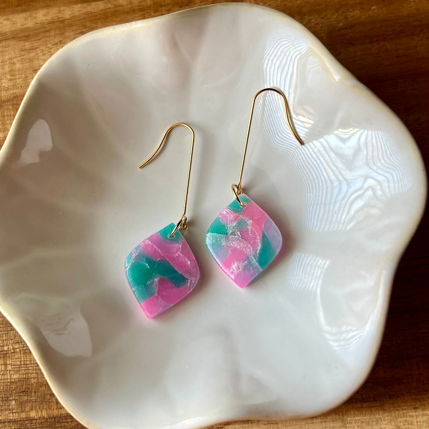 Teal & Pink Translucent Diamond Shape Polymer Clay Earrings