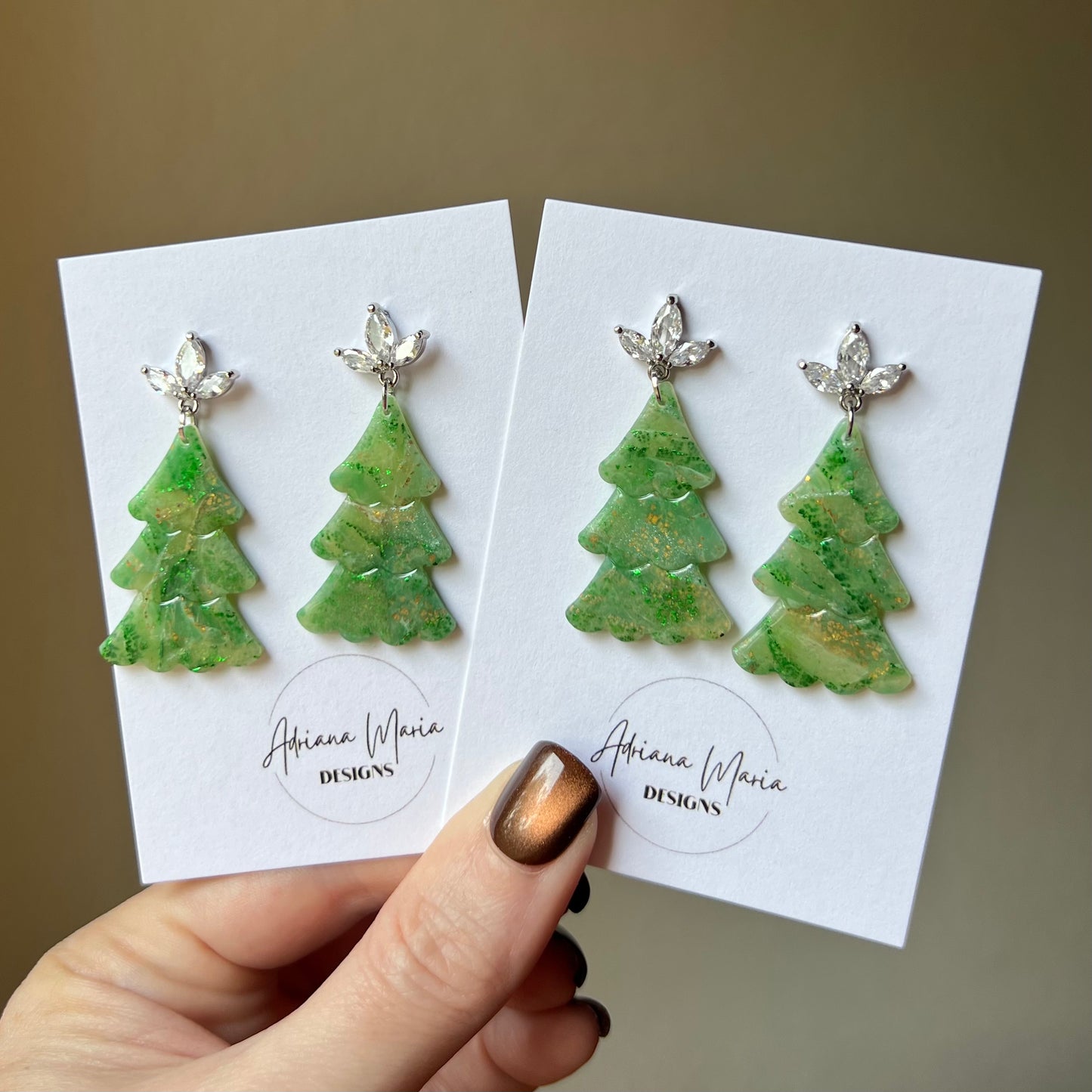 Green Marbled Christmas Tree Earrings