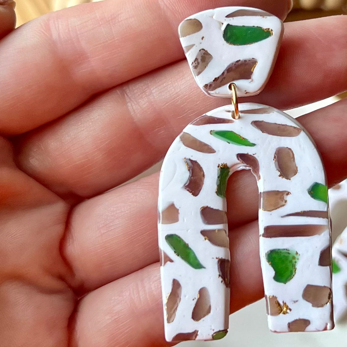 Terrazzo Arch Polymer Clay Earrings – Neutral & Green Lightweight Dangles
