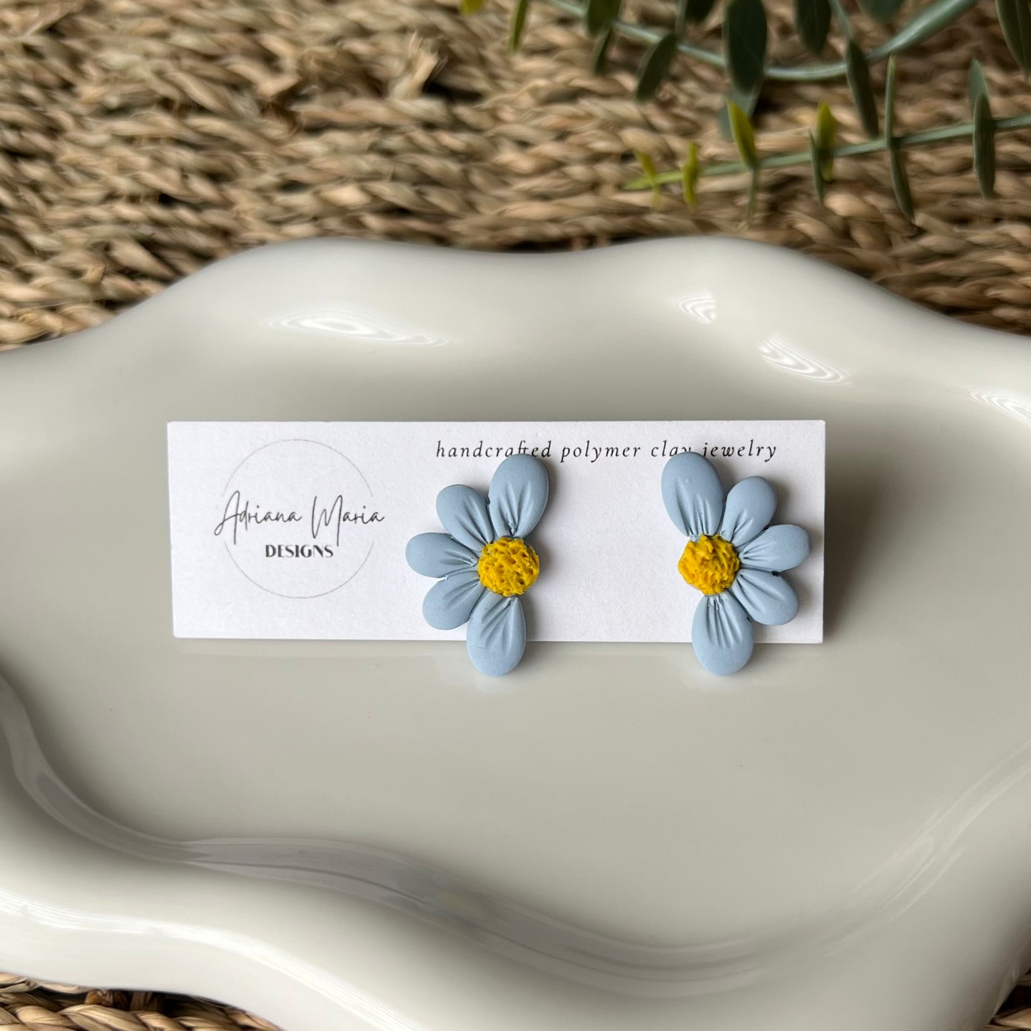 Blue Half Daisy Polymer Clay Stud Earrings