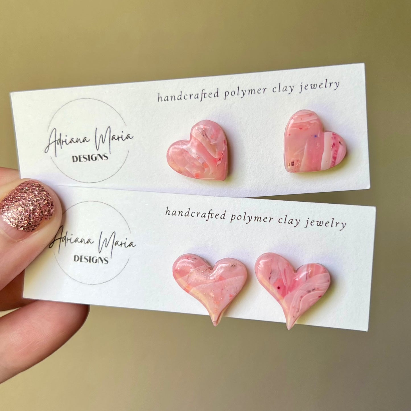 Pink Marbled Heart Polymer Clay Stud Earrings