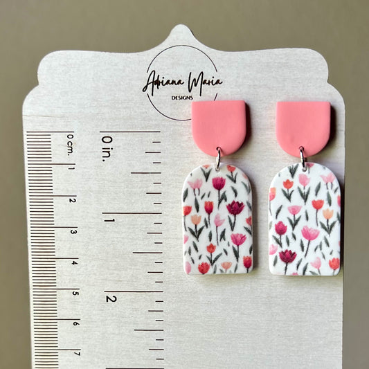 Polymer Clay Earrings - Coral Pink Tulip Print Arch Shape Lightweight Dangles