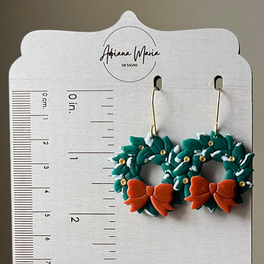 Snowy Christmas Wreath & Red Bow Polymer Clay Earrings