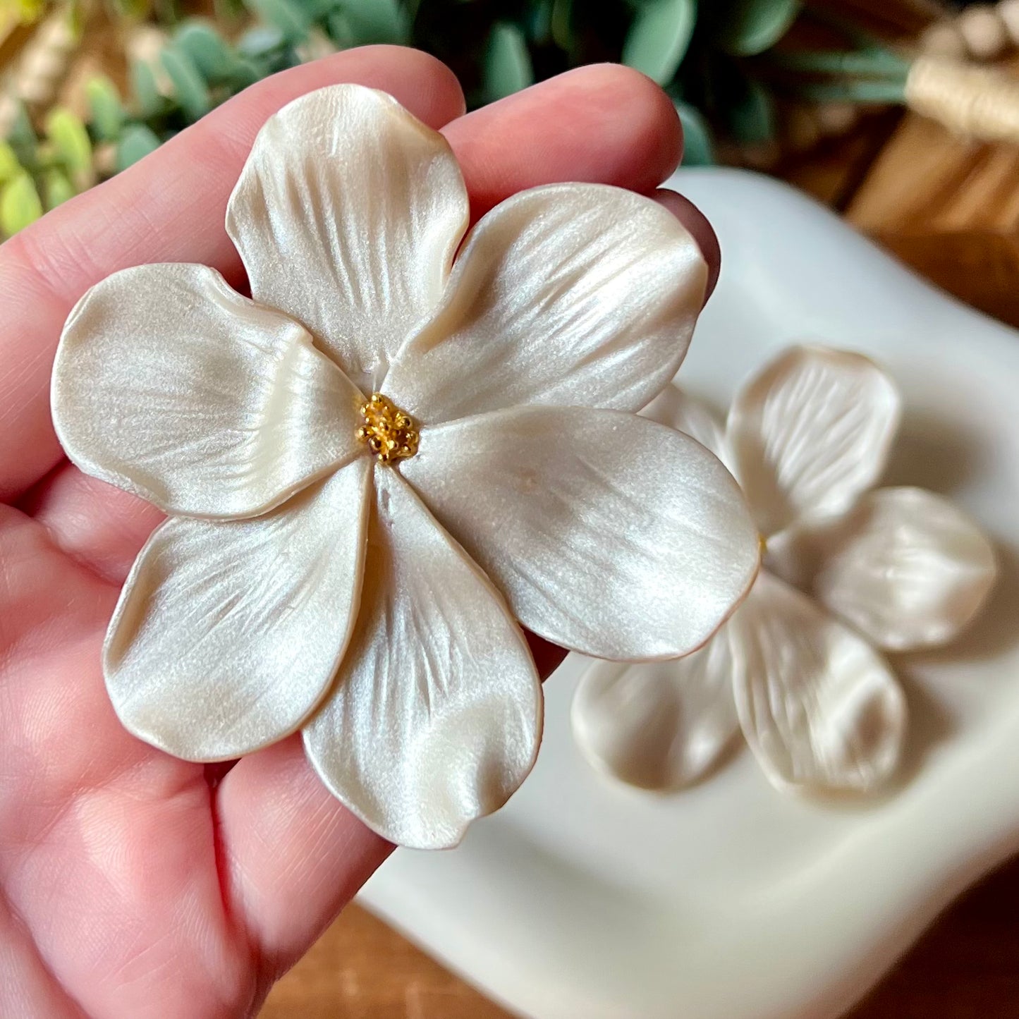 Pearly White Flower Statement Stud Clay Earrings