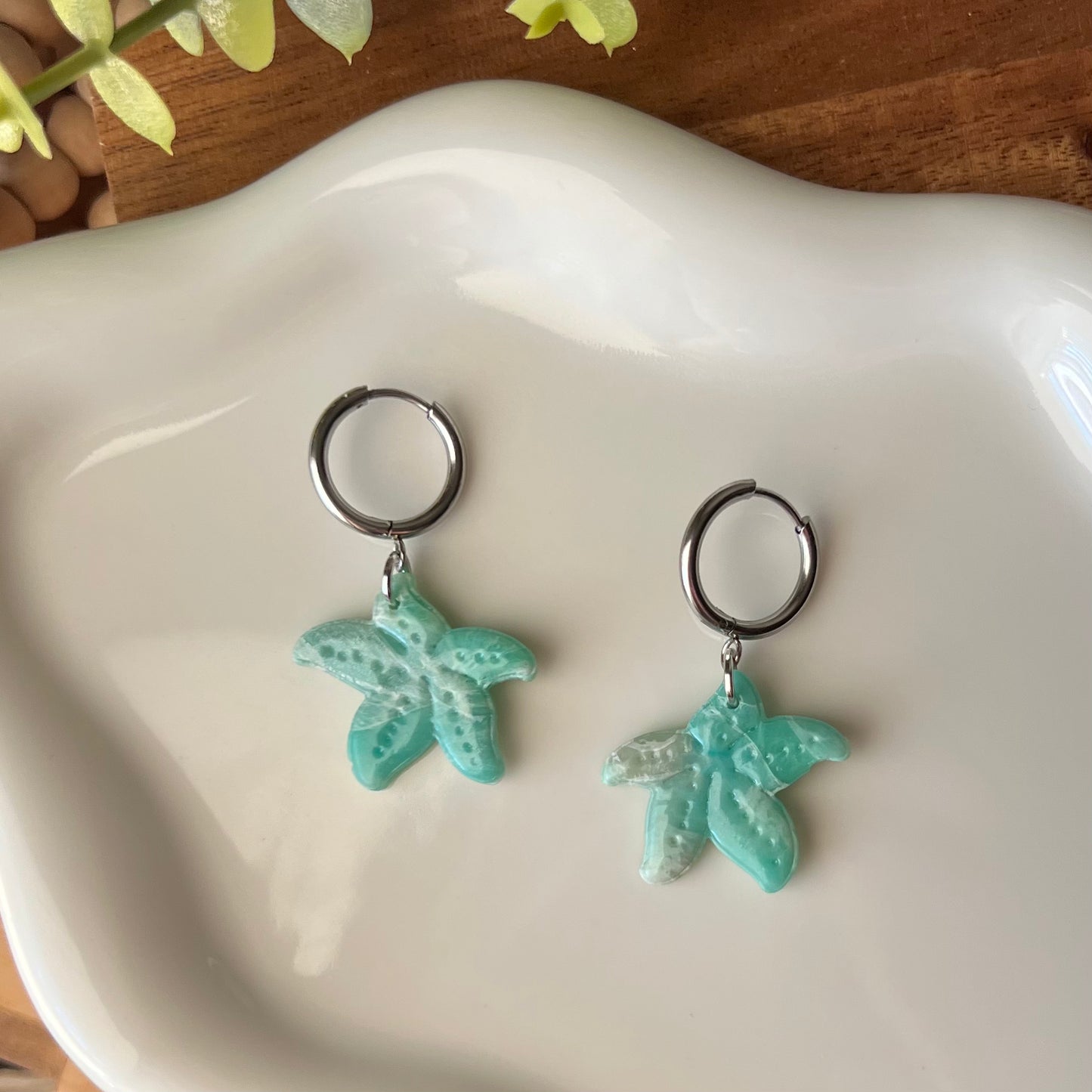 Ocean Waves Starfish Polymer Clay Hoop Earrings