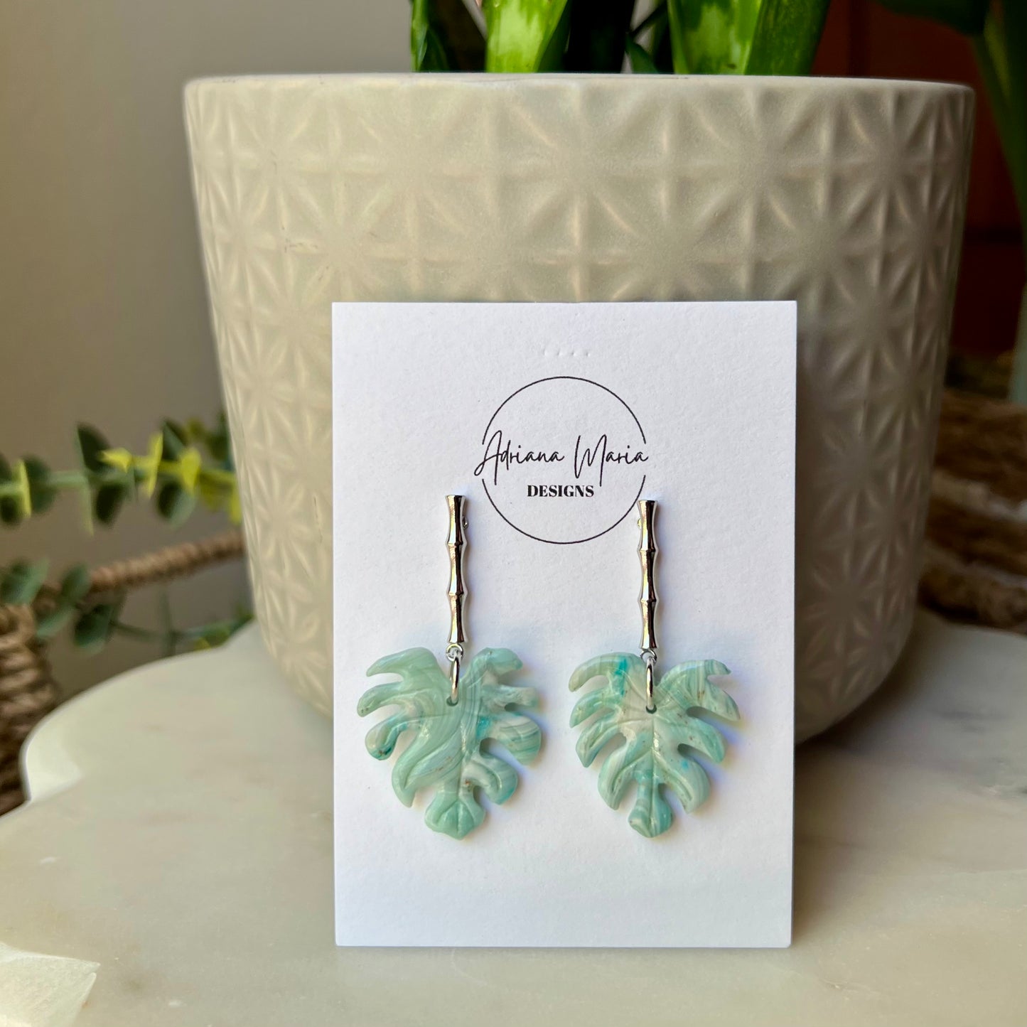 Marbled Monstera Leaf Polymer Clay Earrings with Bamboo Stainless Accent, Plant Dangles
