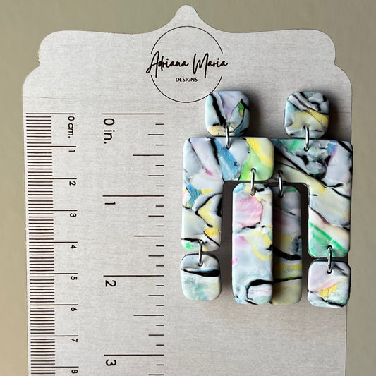 Chromatic Pulse Geometric Tiered Polymer Clay Statement Earrings
