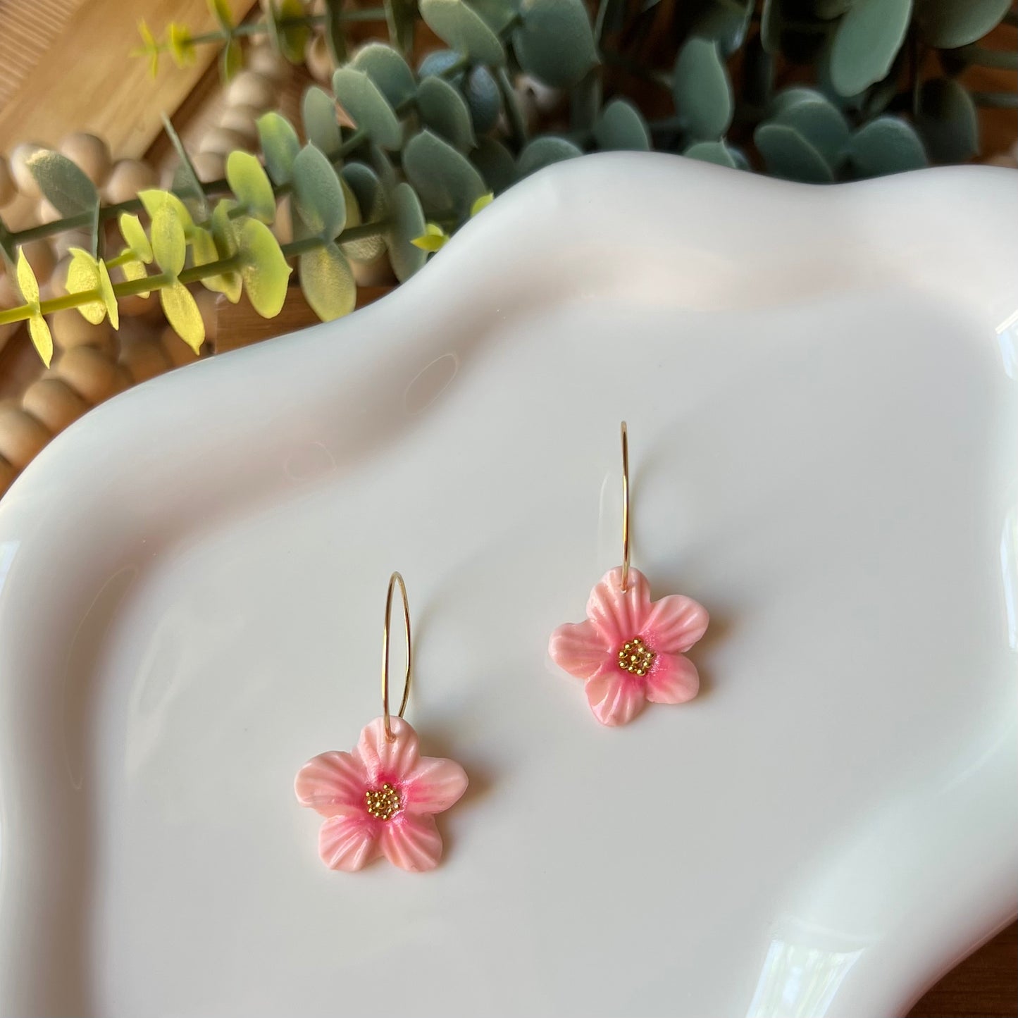 Cherry Blossom Sakura Flower Clay Hoop Earrings