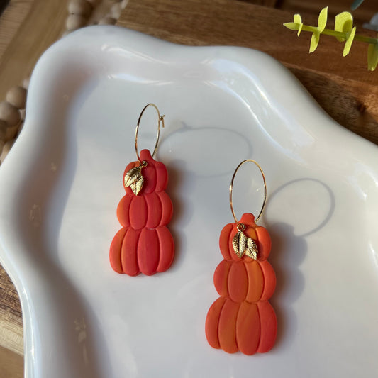 Polymer Clay Hoop Earrings - Orange Pumpkin Stack Lightweight Hoop Dangles