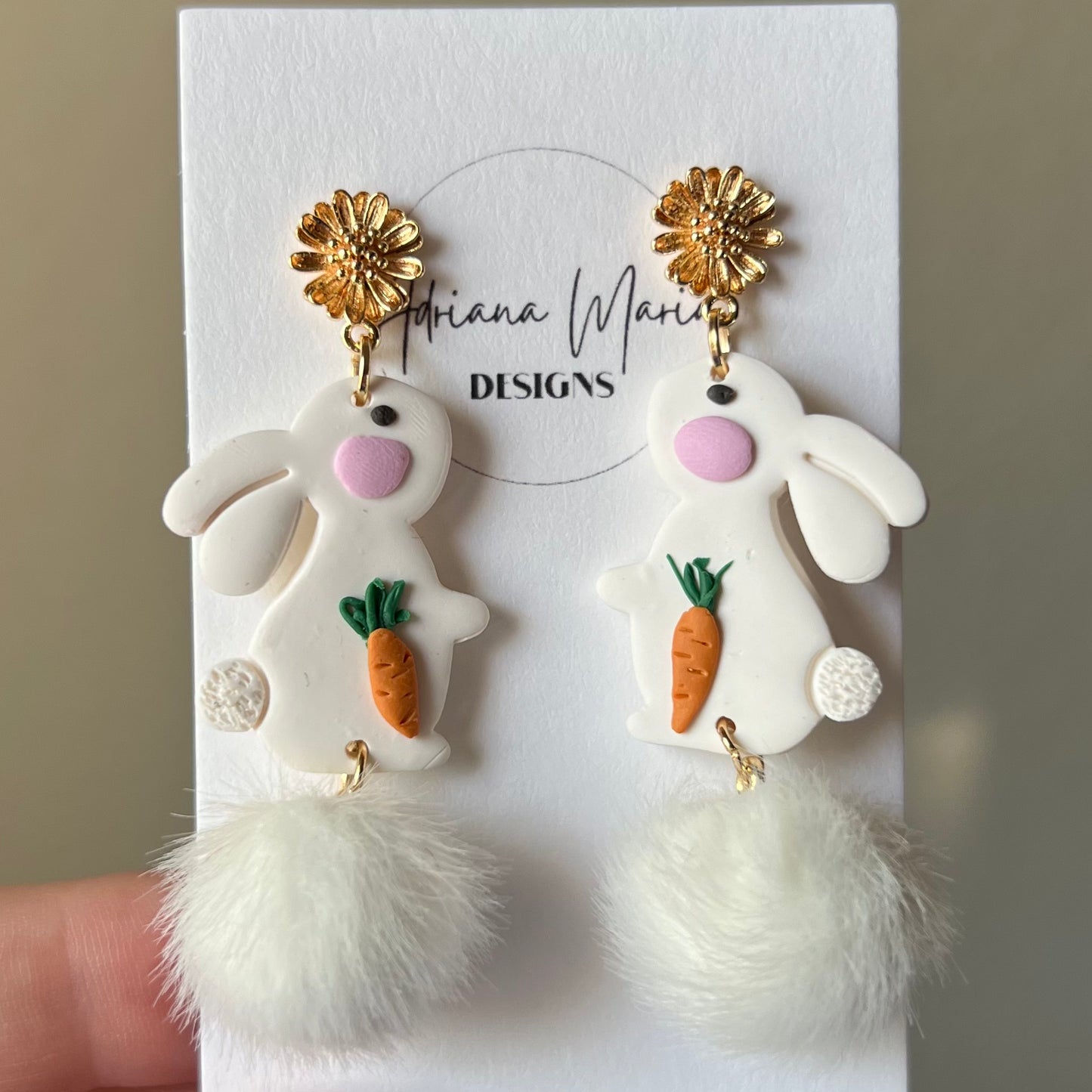 Sweet Bunny with Pom Poms Polymer Clay Dangle Earrings