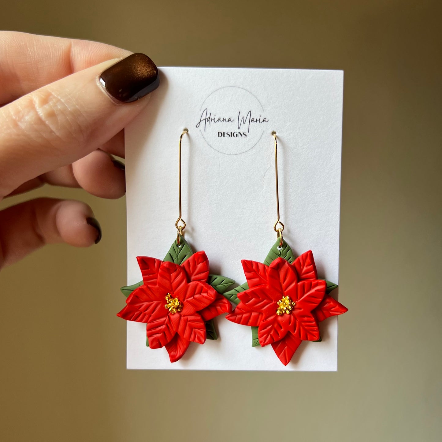 Red Poinsettia Polymer Clay Dangle Earrings