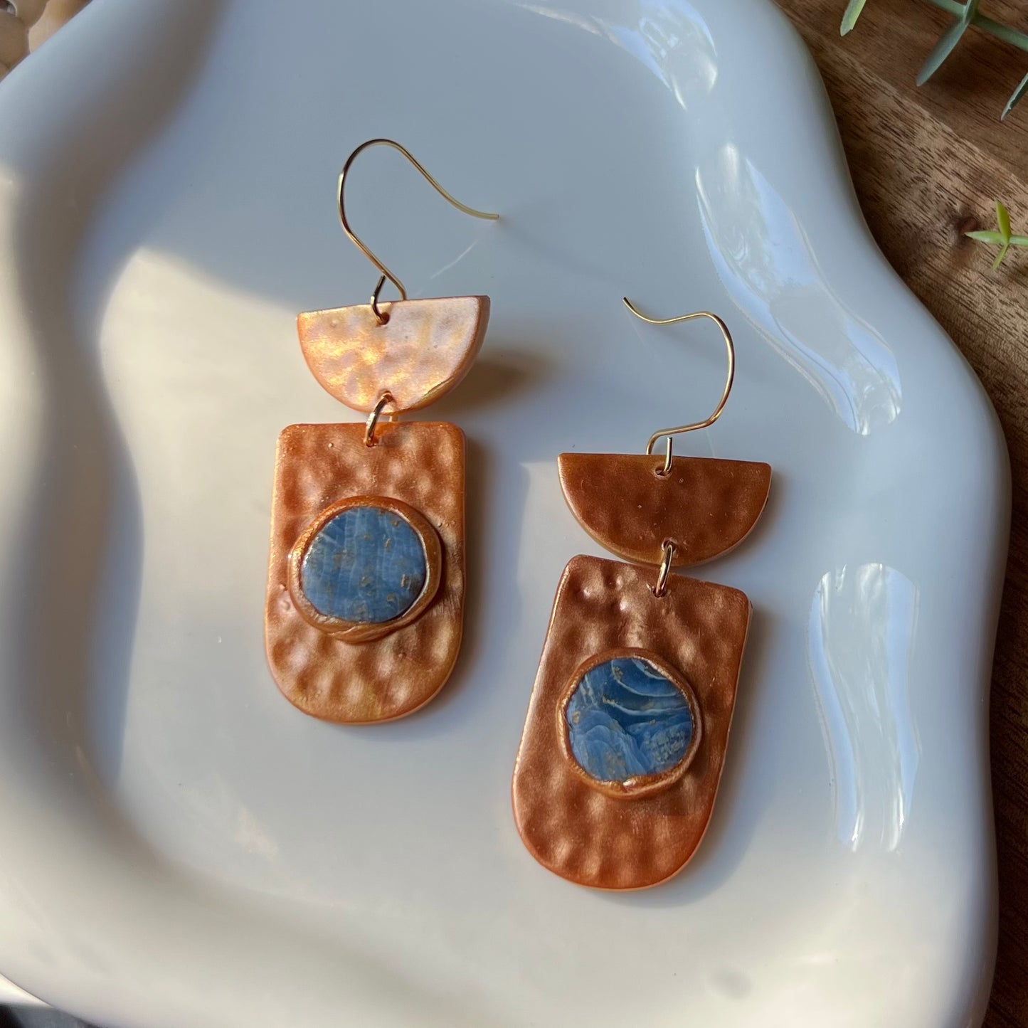 Faux Metal & Blue Marbled Bezel Polymer Clay Earrings