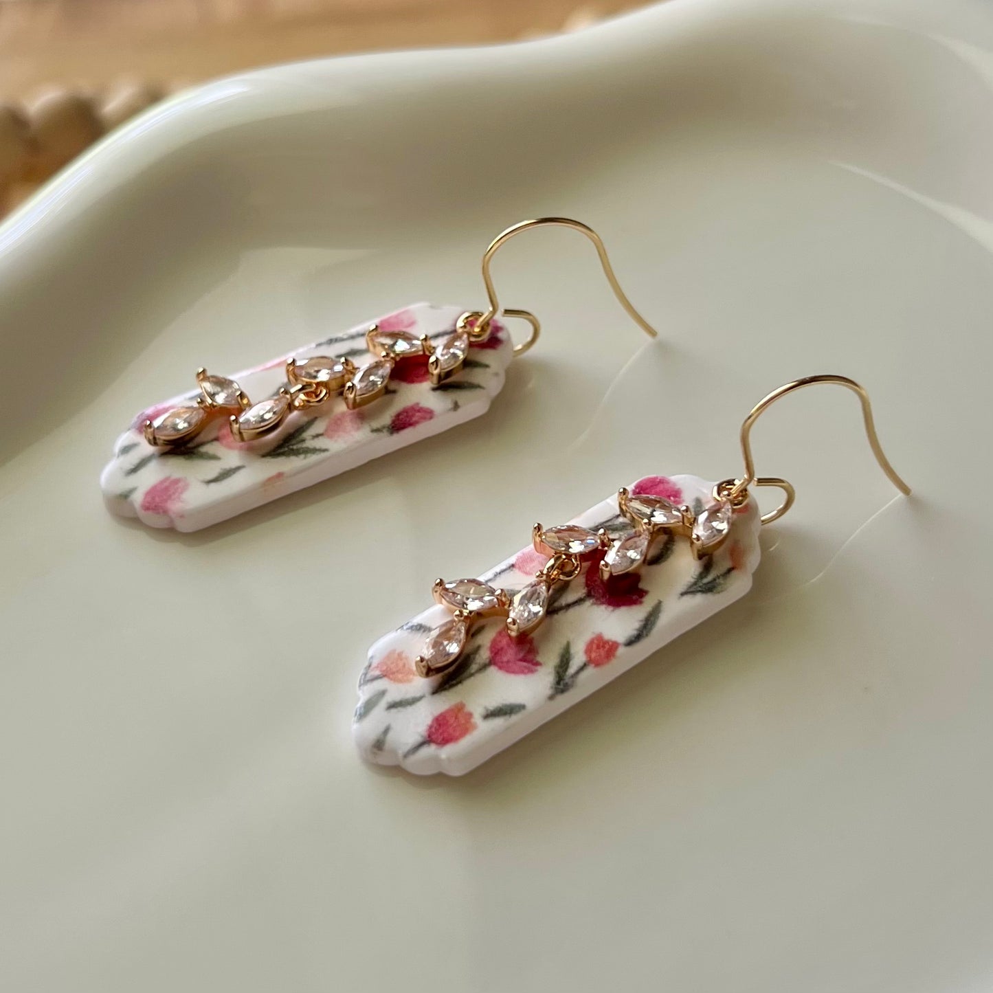 Tulip Floral Print & CZ Vine Pendant Polymer Clay Dangle Earrings