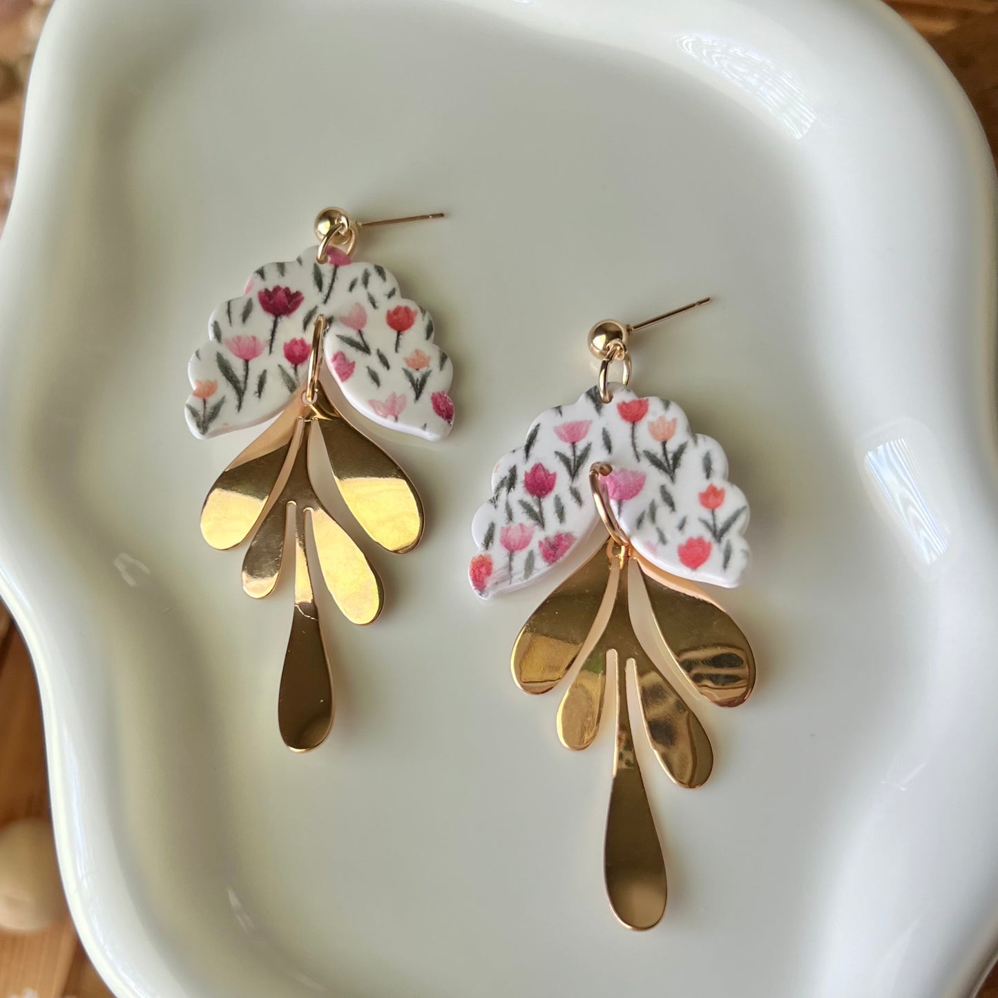 Tulip Print Polymer Clay Dangle Earrings