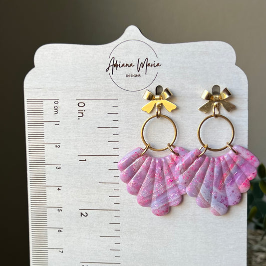 Polymer Clay Earrings - Pink & Purple Scalloped Fan with Bow, Lightweight Dangles