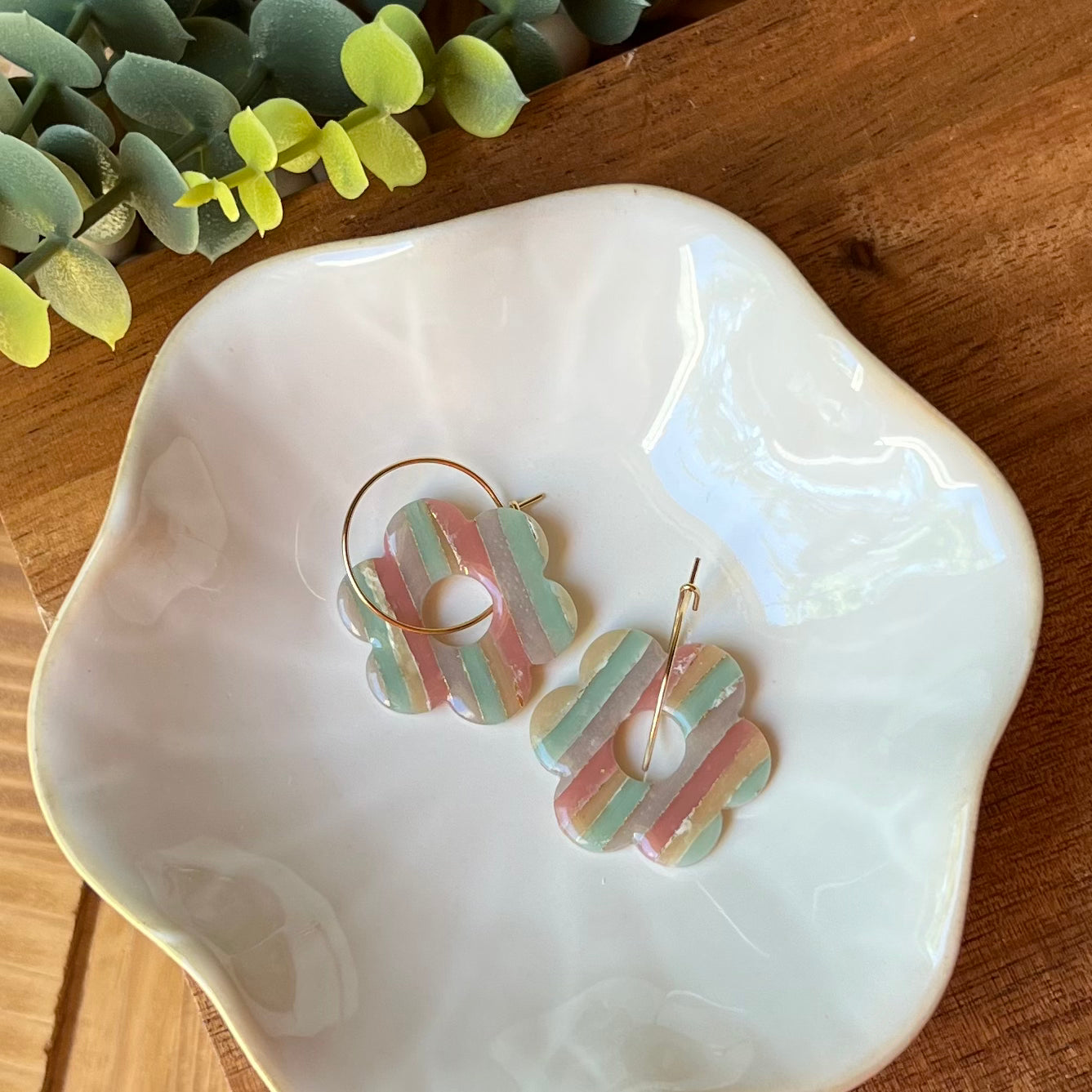Colorful Striped Flower Polymer Clay Hoop Earrings