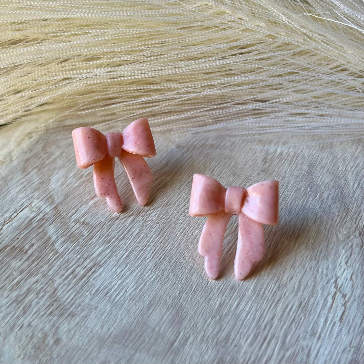 Soft Pink Marbled Bow Polymer Clay Stud Earrings