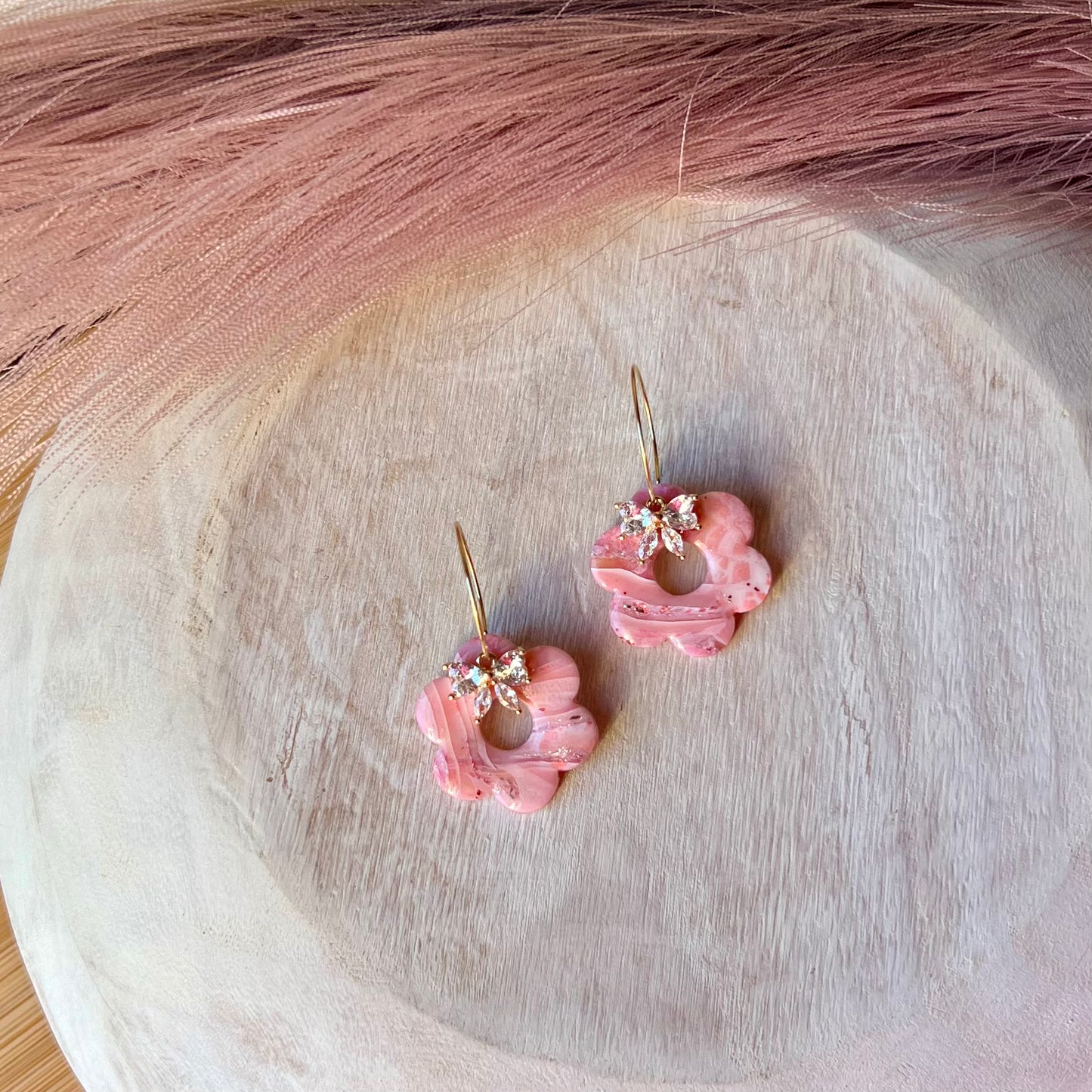 Rose Quartz Retro Flower Inspired Polymer Clay Hoop Earrings