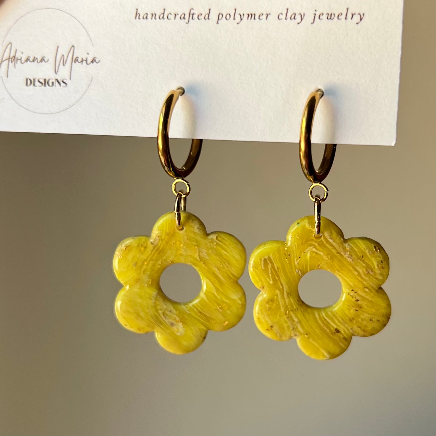 Yellow Marbled Flower Polymer Clay Hoop Earrings