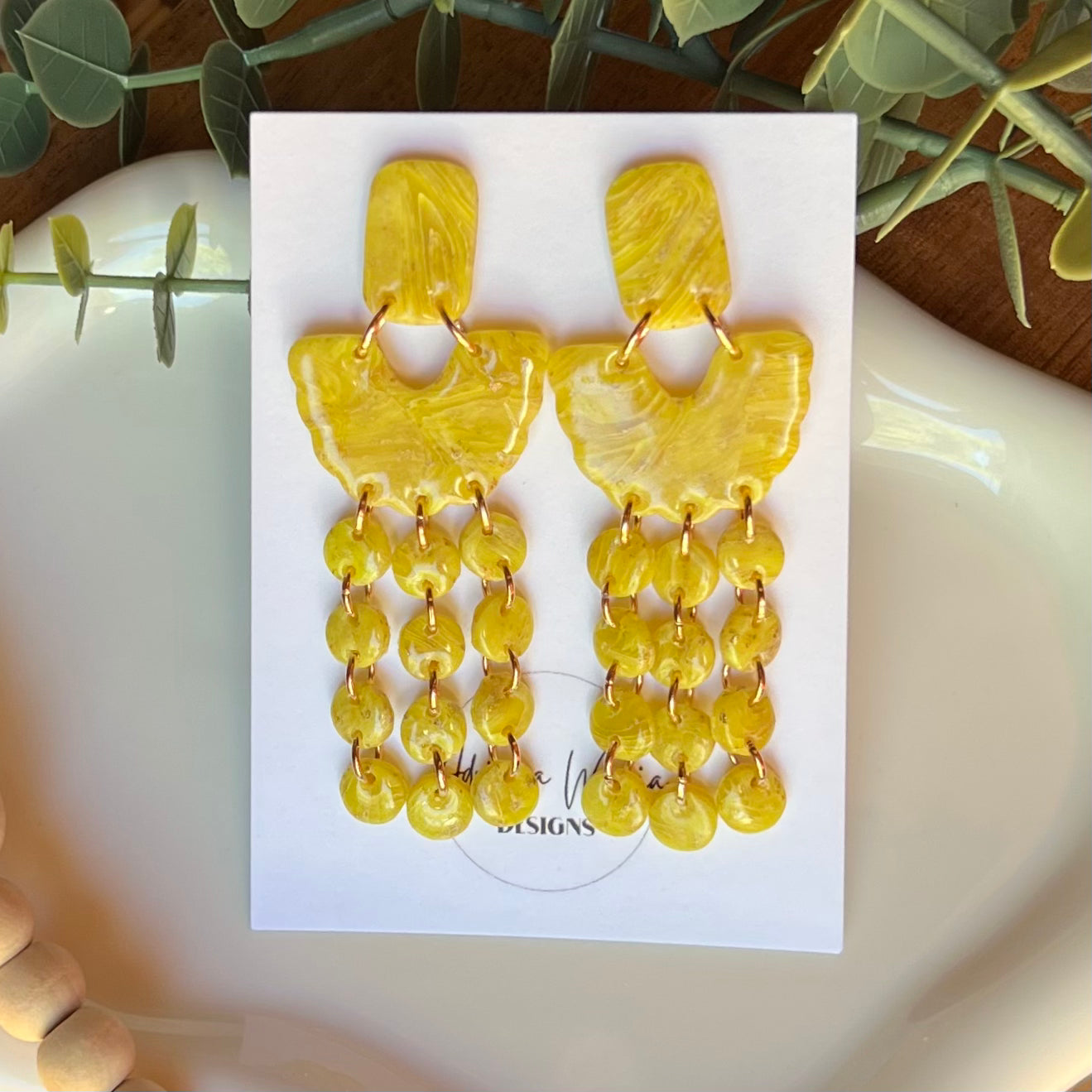 Yellow Marbled Polymer Clay Statement Earrings