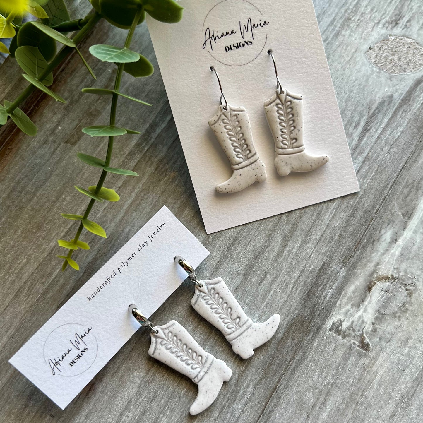 Colonial White Granite Cowboy Boots Polymer Clay Earrings
