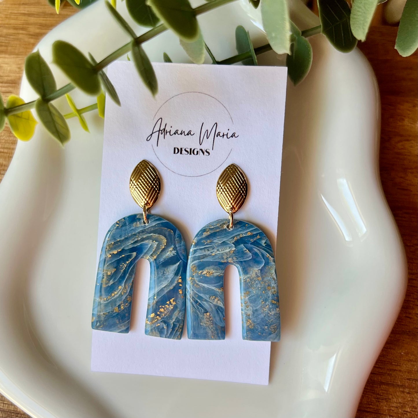 Blue Agate Marbled Arch Polymer Clay Earrings