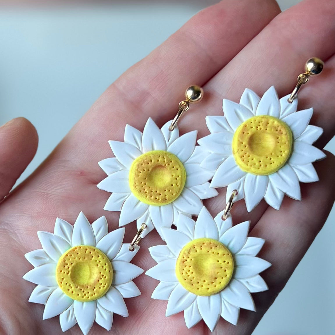 Polymer Clay Earrings - Large White Daisy Statement Lightweight Dangles