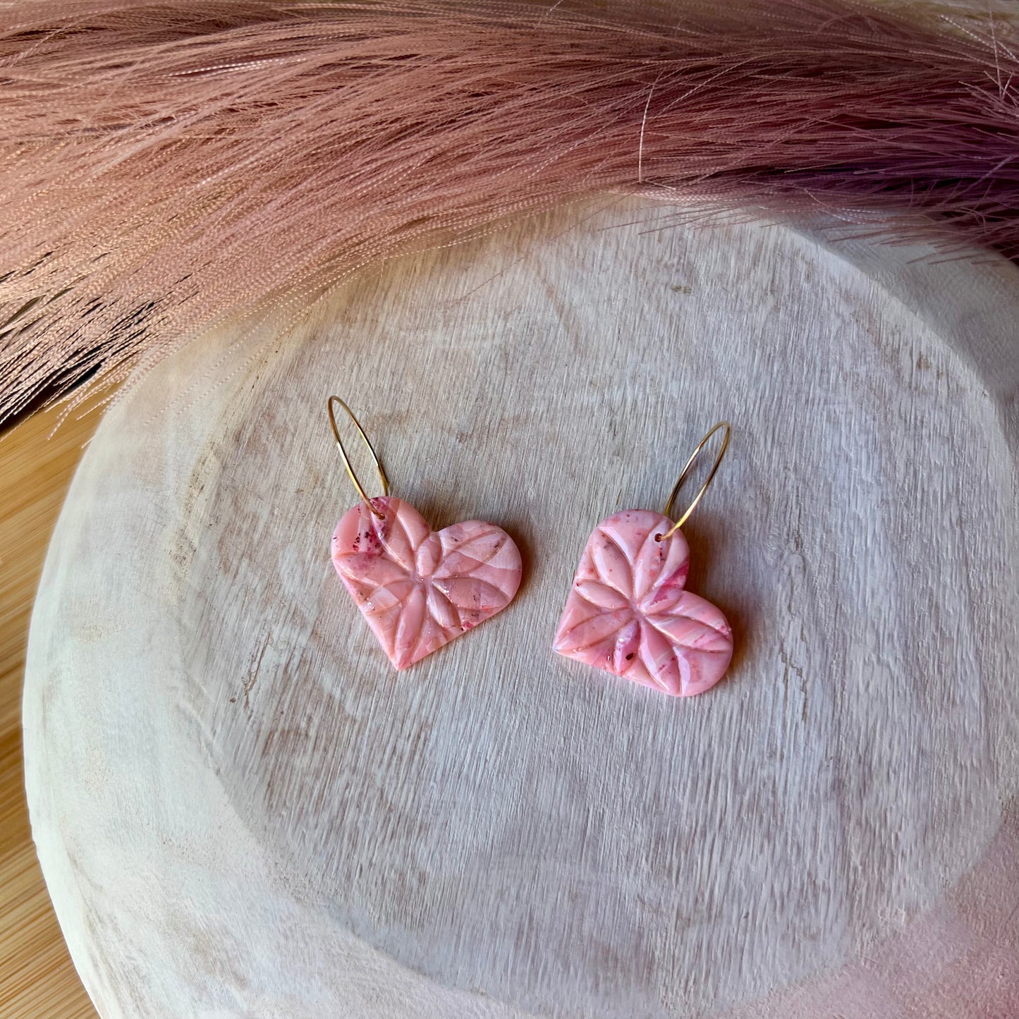 Rose Quartz Inspired Heart Polymer Clay Hoop Earrings
