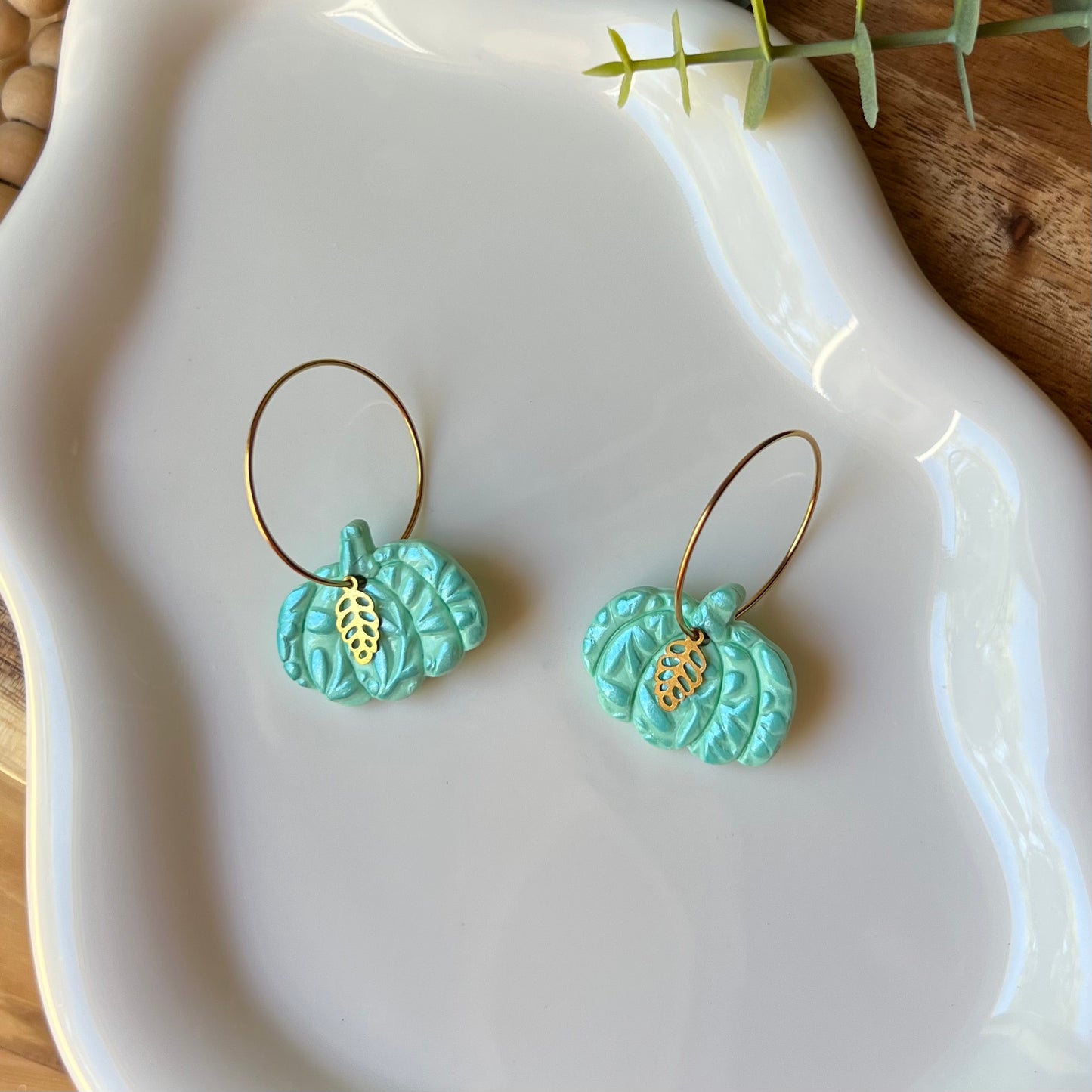 Mint Floral Embossed Pumpkin Polymer Clay Hoop Earrings