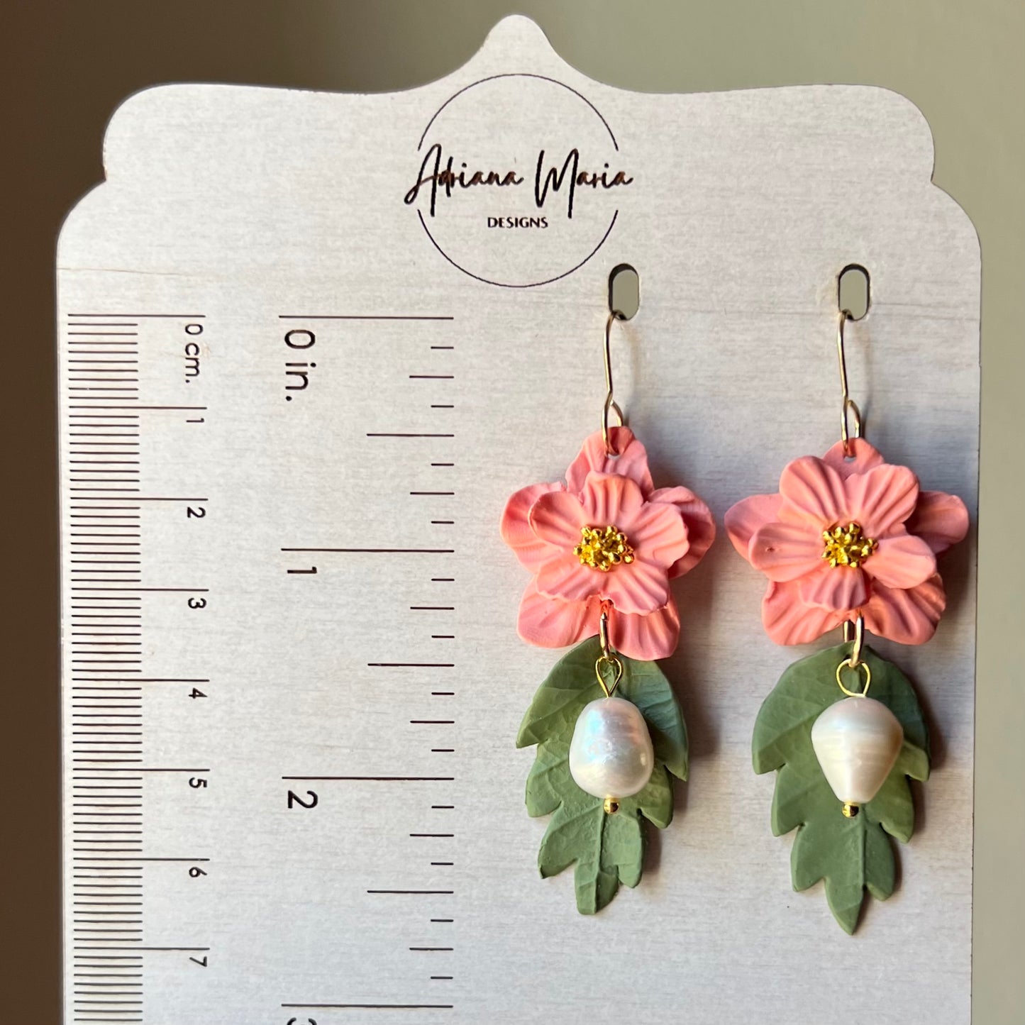 Coral Pink Flower & Freshwater Pearl Polymer Clay Earrings
