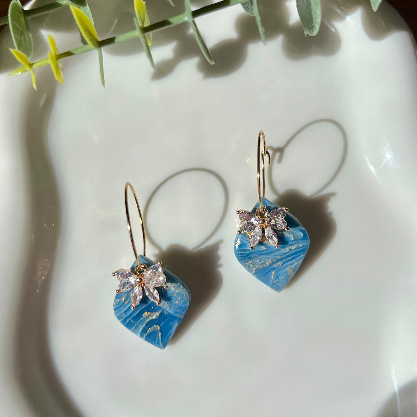 Blue Agate Diamond Shaped Polymer Clay Hoop Earrings with Bow CZ Pendant
