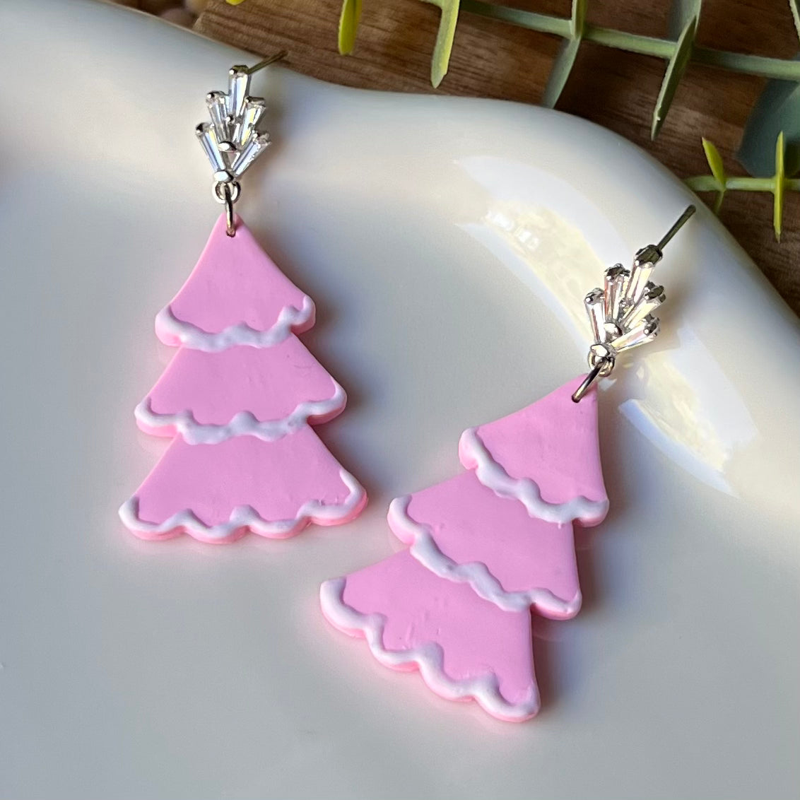 Pink Christmas Tree Polymer Clay Earrings