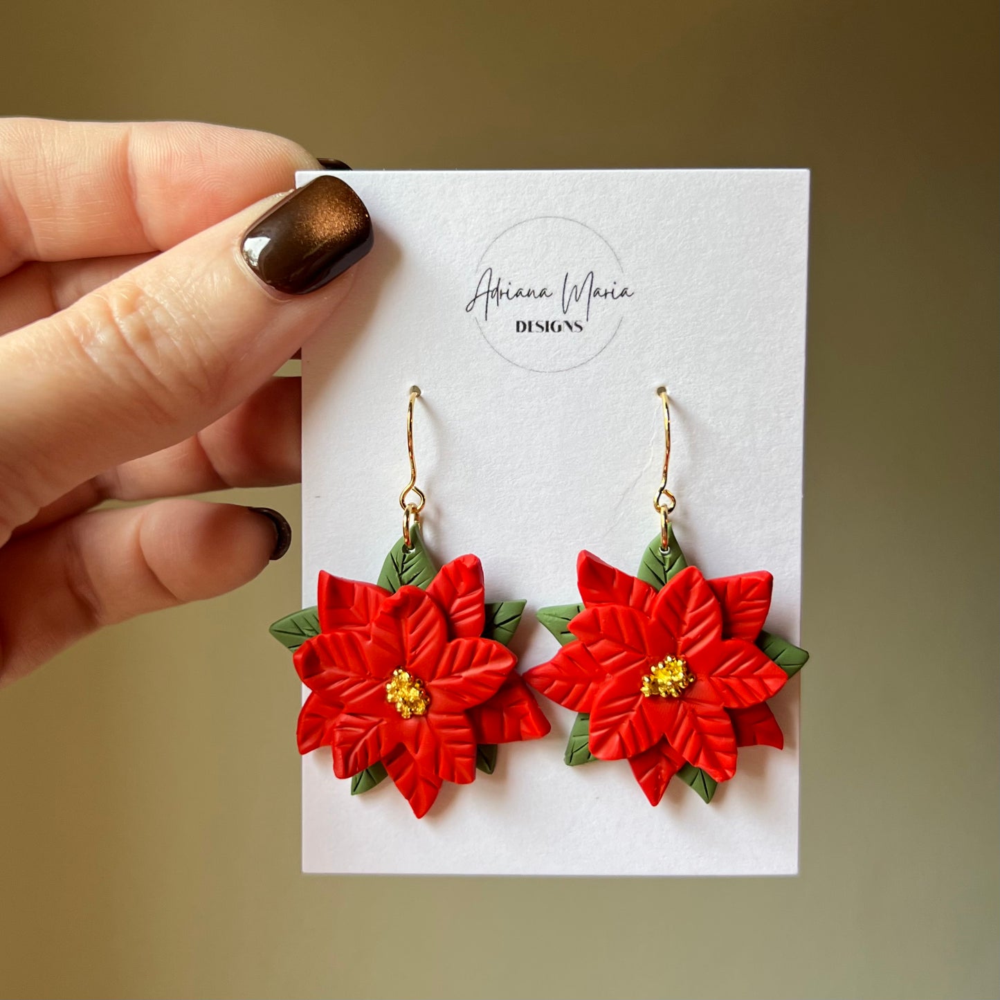 Red Poinsettia Polymer Clay Dangle Earrings