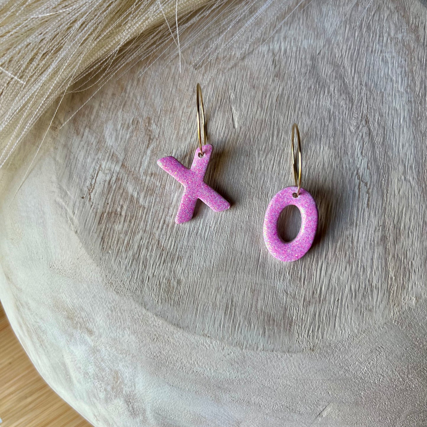 XO Pink Holographic Glitter Polymer Clay Hoop Earrings