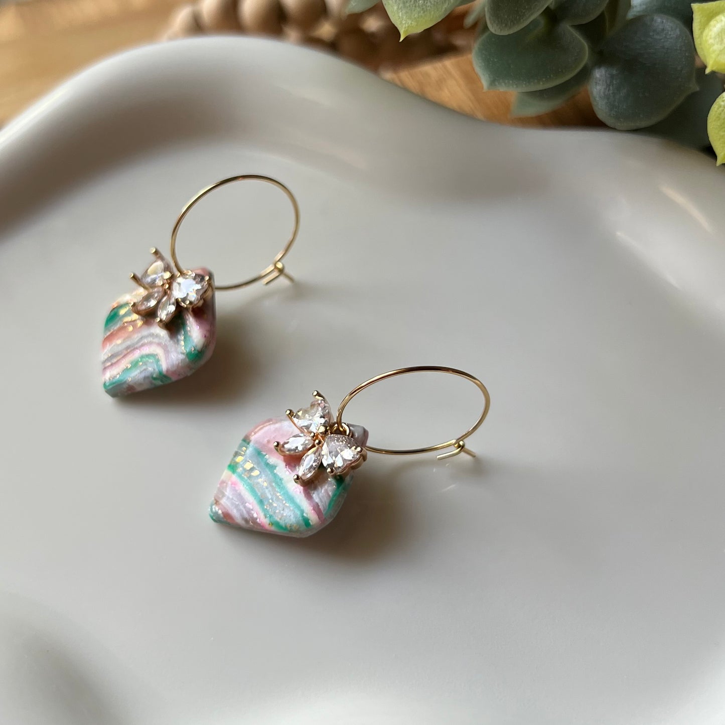 Faux Agate Diamond Shaped Polymer Clay Earrings with Bow CZ Pendant