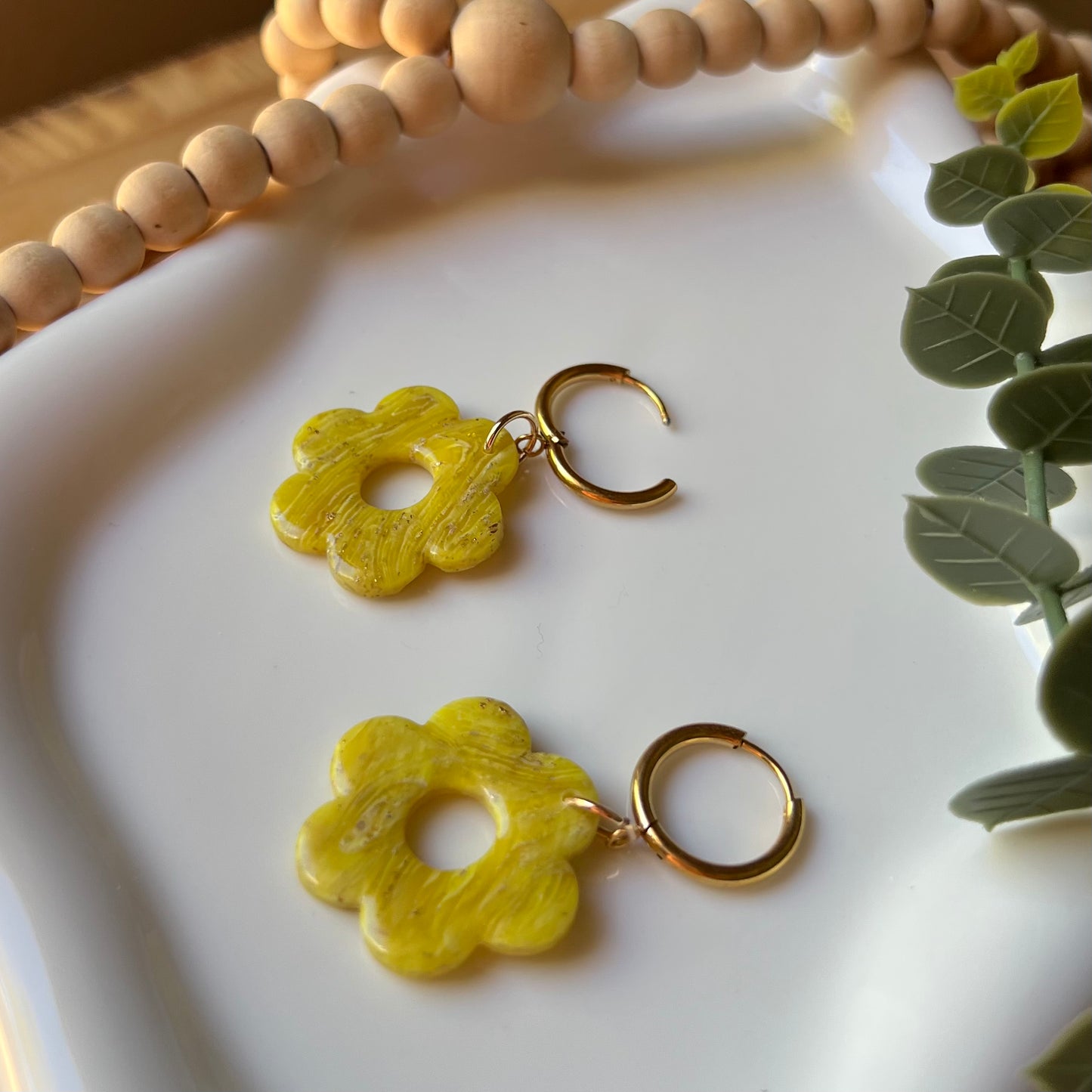 Yellow Marbled Flower Polymer Clay Hoop Earrings