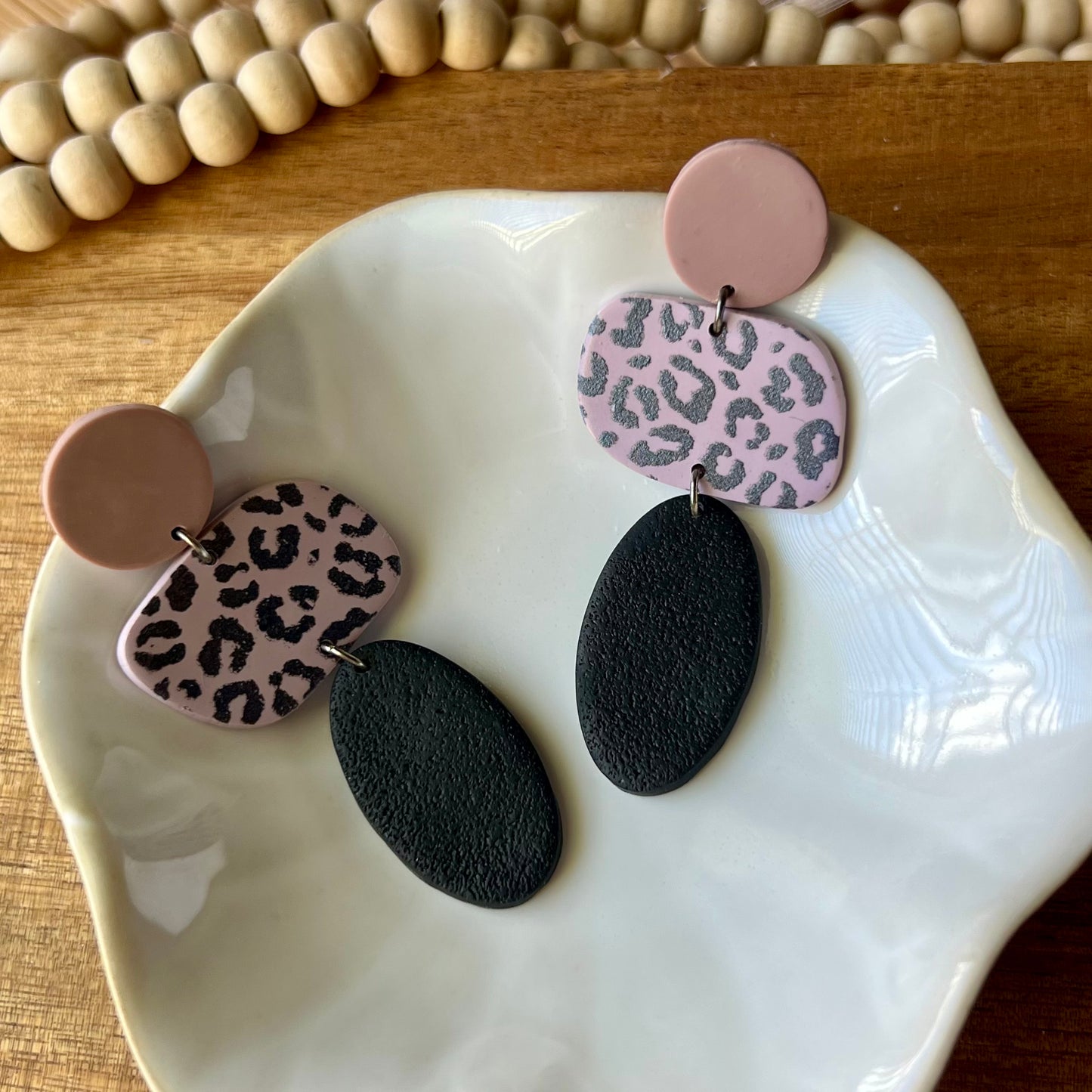Neutral Leopard Polymer Clay Dangle Earrings