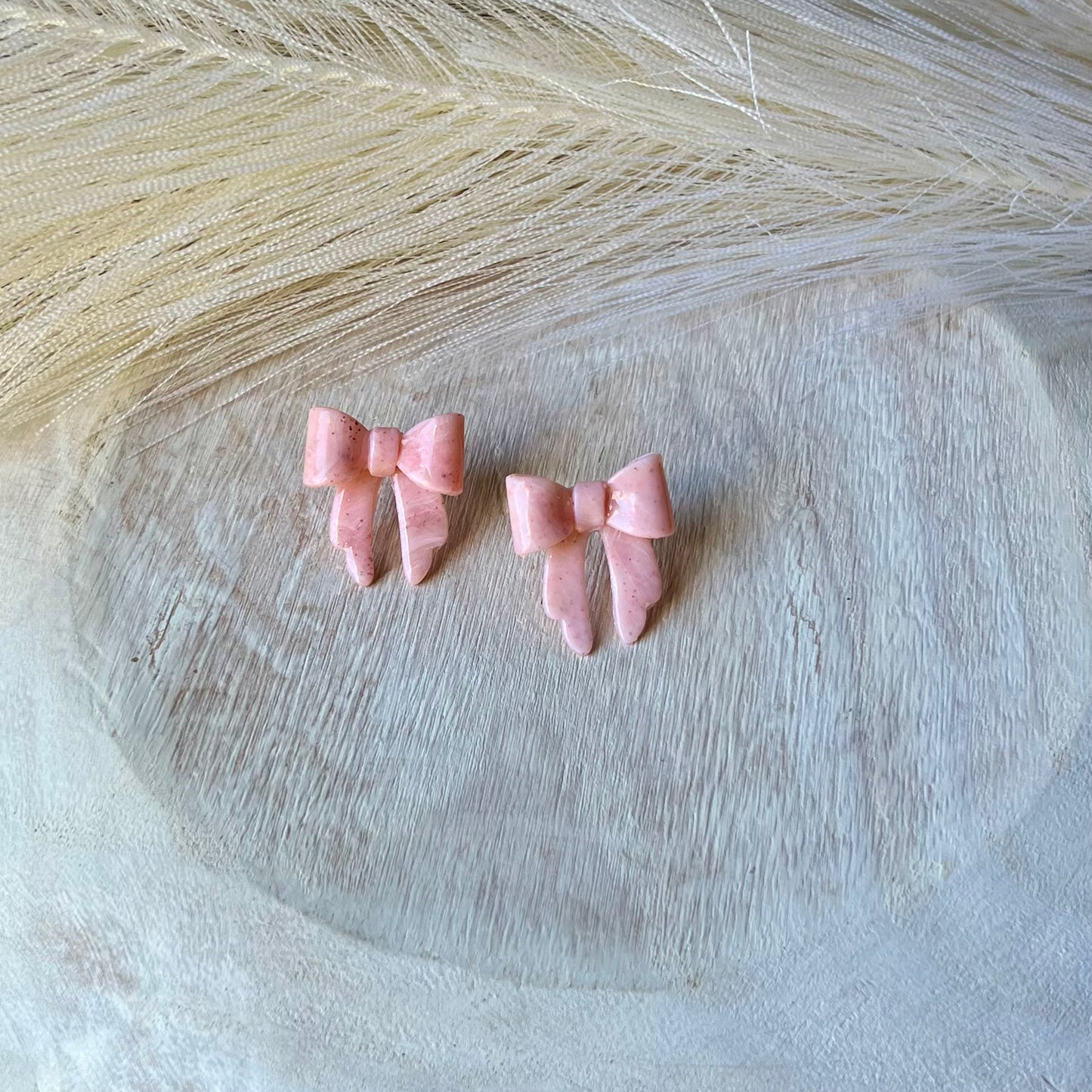 Soft Pink Marbled Bow Polymer Clay Stud Earrings