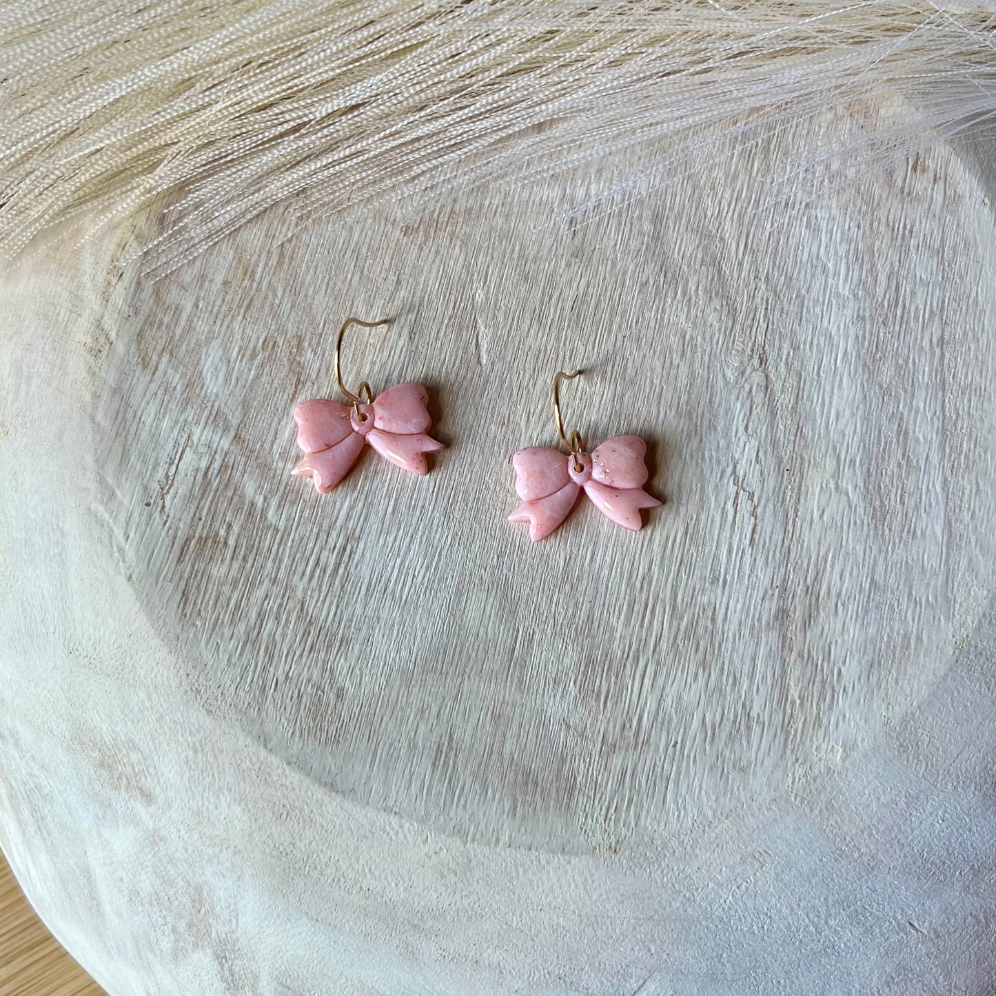 Soft Pink Marbled Bow Polymer Clay Earrings
