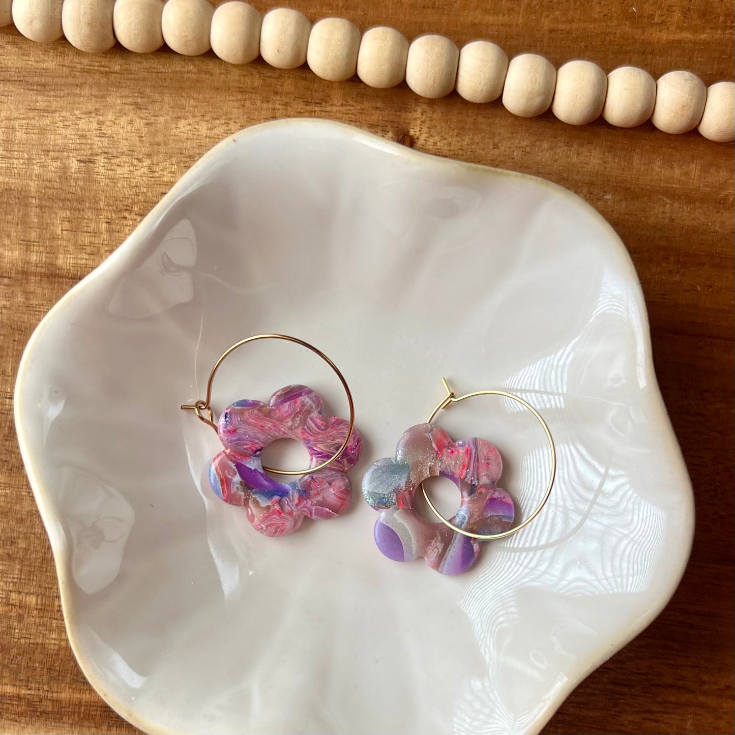 Retro Flower Inspired Polymer Clay Hoop Earrings