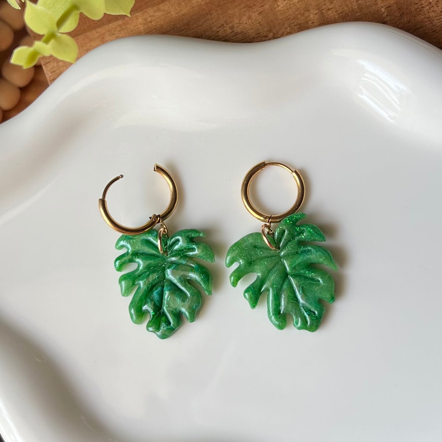 Green Monstera Leaf Polymer Clay Huggie Hoop Earrings
