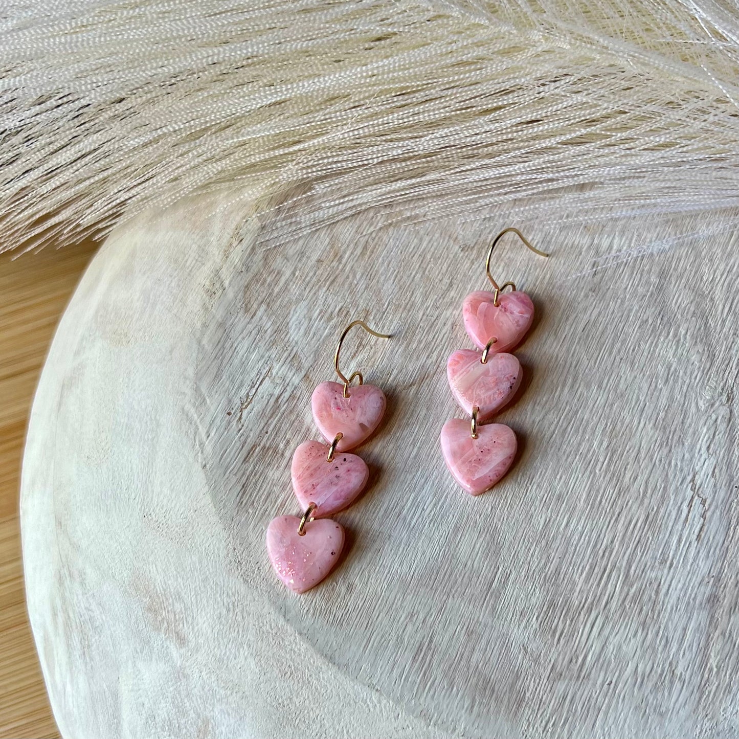Soft Pink Marbled Triple Heart Polymer Clay Earrings