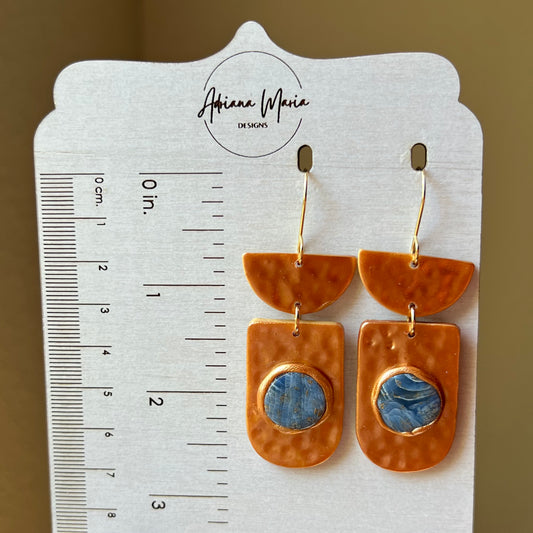 Polymer Clay Earrings - Faux Metal Clay & Blue Marbled Bezel Dangles