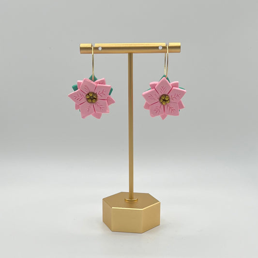 Pink Christmas Poinsettia Polymer Clay Hoop Earrings