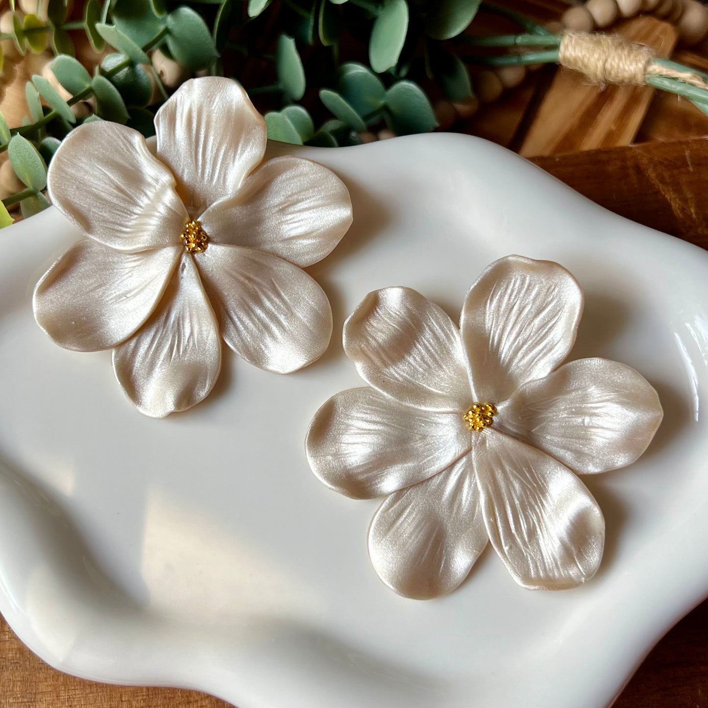 Pearly White Flower Statement Stud Clay Earrings